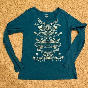 Sonoma Teal Long Sleeve Top with Scandie Design, Med. 100% cotton